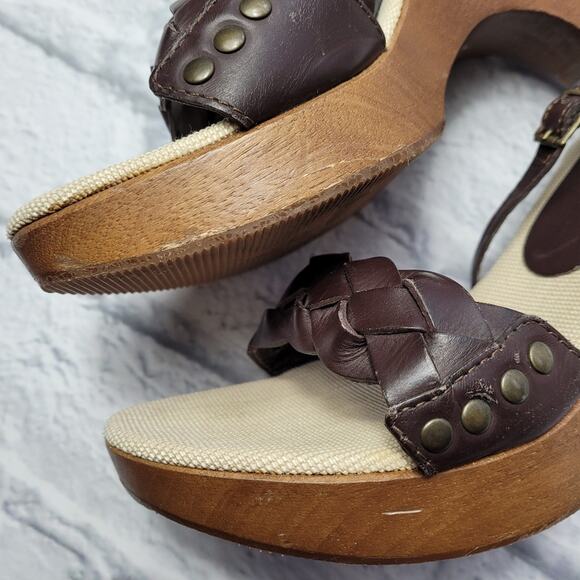 Furla Brown Leather Braided Slingback Studded Platform Sandals size 38 - Picture 14 of 16